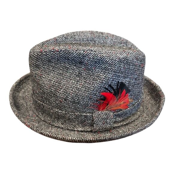 KANGOL DESIGN Fedora WOOL Hat Medium BROWN TWEED Band Feather Classic